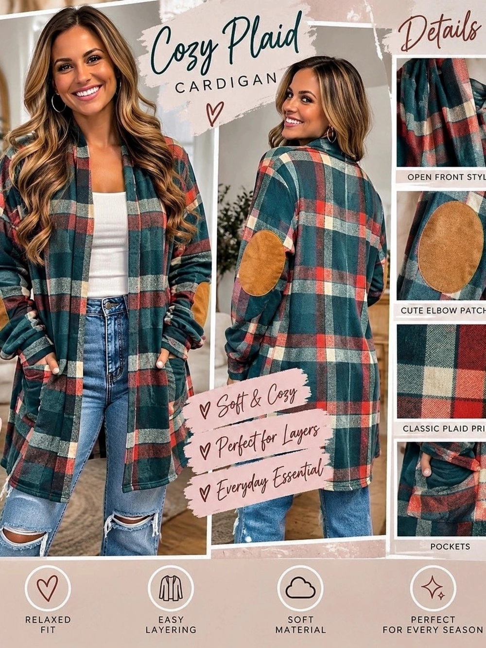 Plaid Cardigan in Green & Red Like New